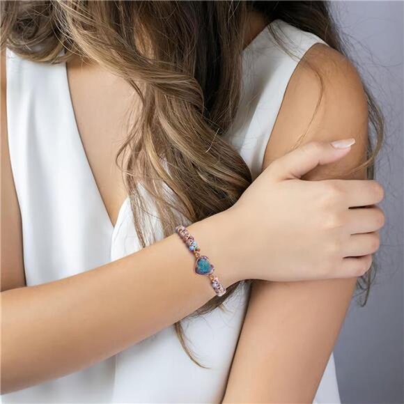 Jasper Heart Bracelet Adjustable Beaded Braided Handmade Jewelry Gift for Women - Picture 2 of 8